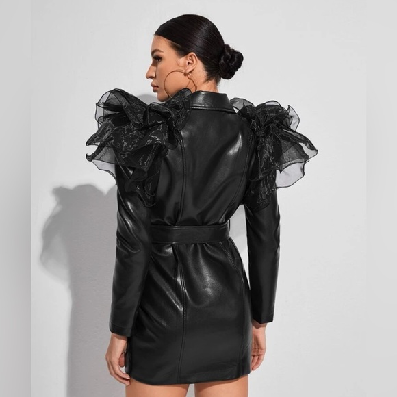 Exaggerated Ruffle Double Button Belted PU Leather Blazer Dress Size S - Picture 4 of 8